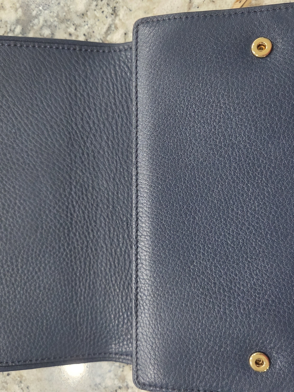 Tory Burch Navy Pebbled Leather Wallet with Gold Logo Emblem - Picture 3 of 7